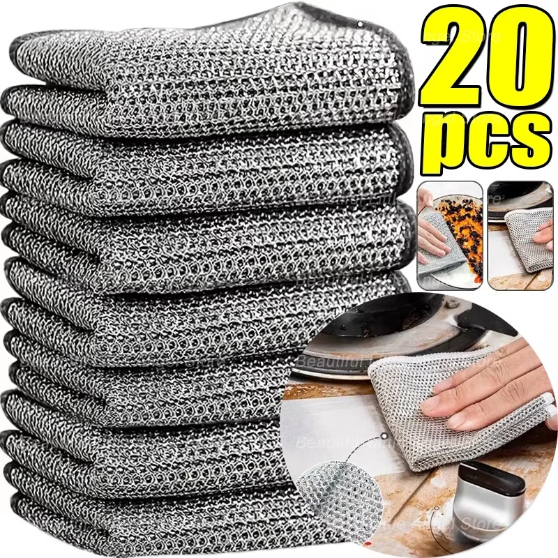 5/10/15/20 Pack Multipurpose Wire Dish Cloths, Reusable Heavy Duty Double Layer Metal Mesh Dishwashing Rags
