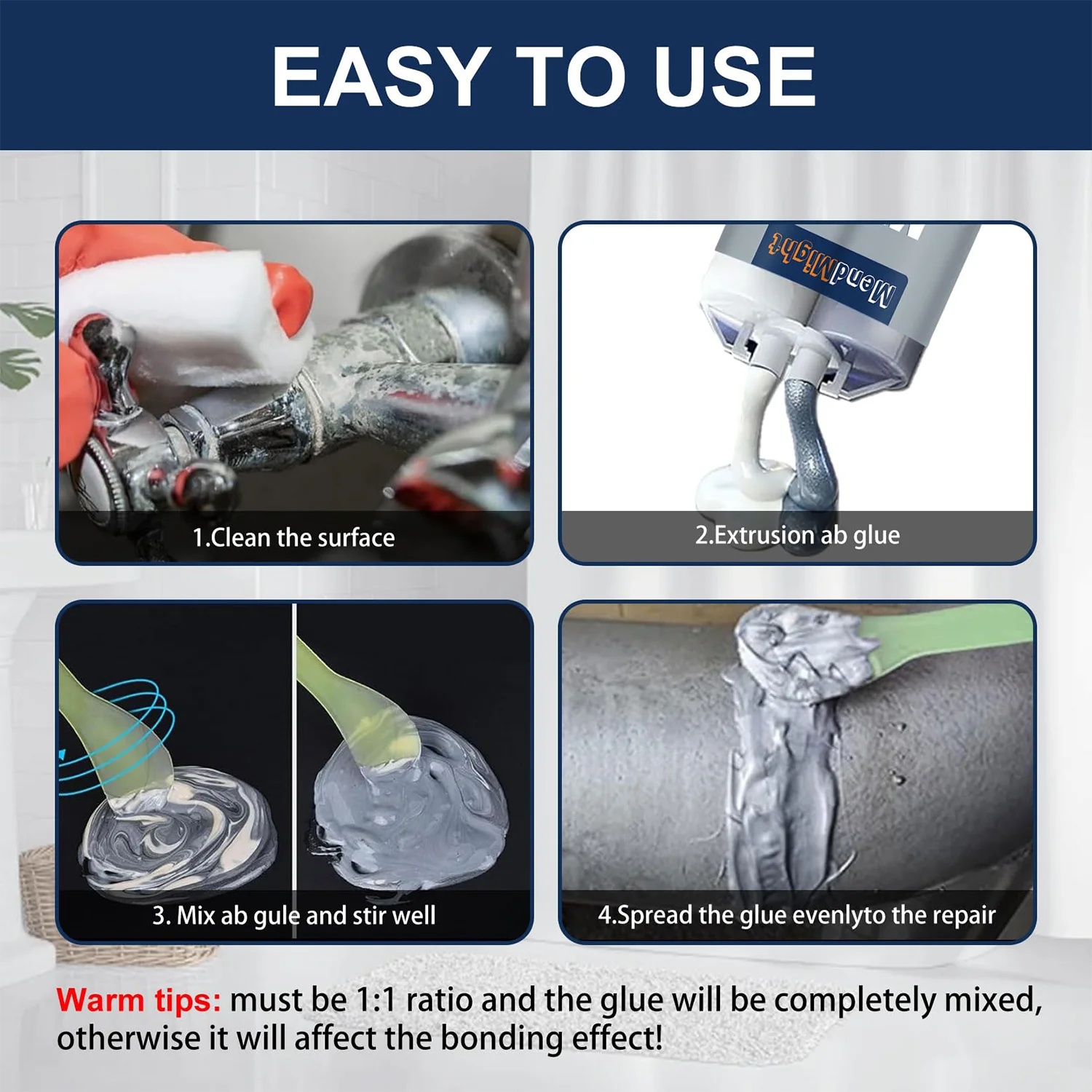 AB صب الصمغ، إصلاح الشقوق المعدنية، مانع التسرب، لاصق للحديد والألمنيوم والنحاس والصلب والسيراميك والبلاستيك، مقاوم للحرارة العالية حتى 150 درجة مئوية، عالي القوة.