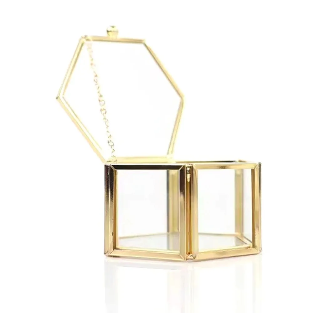 

Storage Box Gold Hexagonal Ring Box Hexagon Geometric Luxurious Jewelry Storage Box Glass Retro Ring Box Jewelry Storage