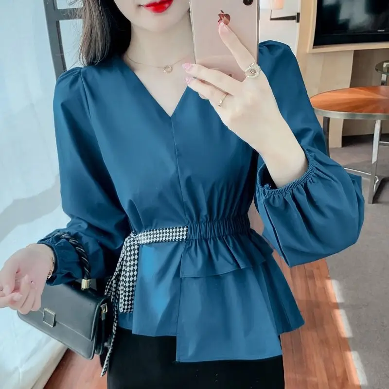 Women\'s Clothing Drawstring Bow Shirt Spring Autumn Commute Waist Ruffles Folds Fashion Asymmetrical Basic Casual V-Neck Blouse