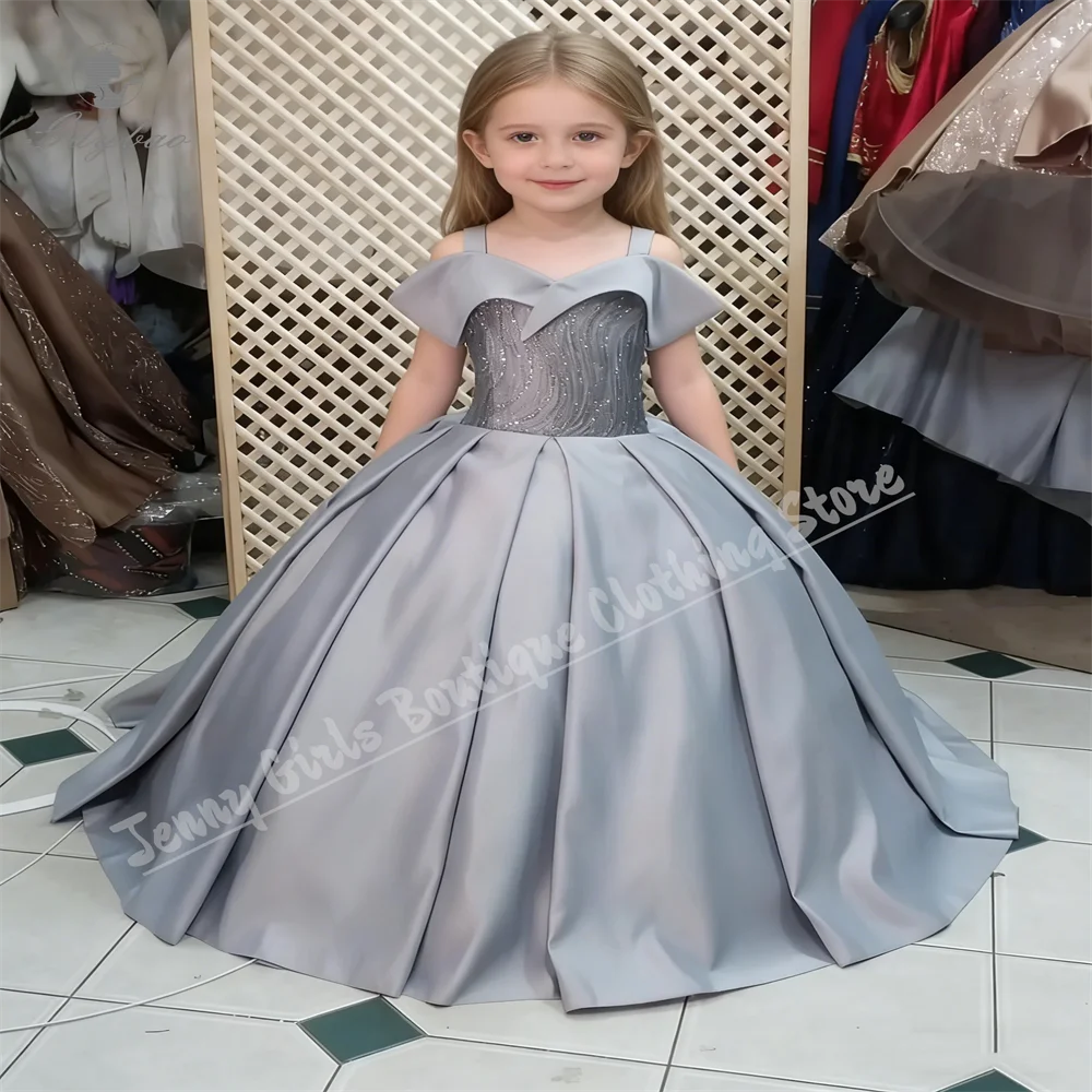 Light Gray Sparkling Flower Girl Dress Wedding Satin Floor-length Princess Birthday Children's Communion Dress Customizable