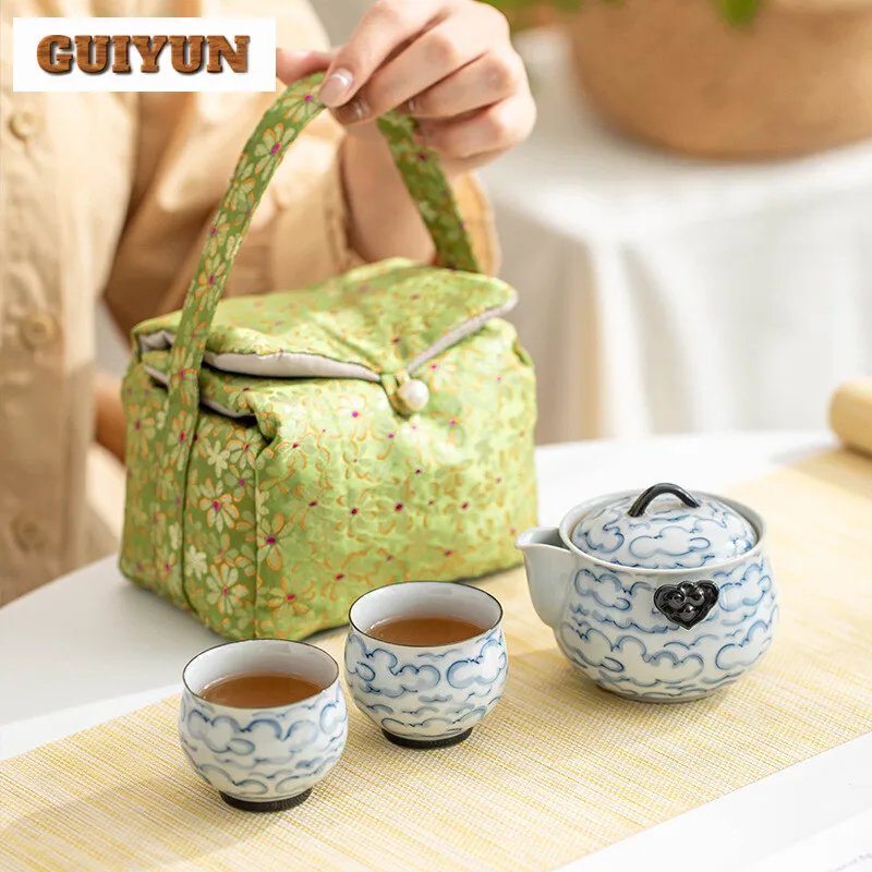 Hand-painted Auspicious Cloud Tea Set Boutique Portable Travel Hand-grasp Pot Set Vintage Teapot and Tea Cup Set Drinkware Craft