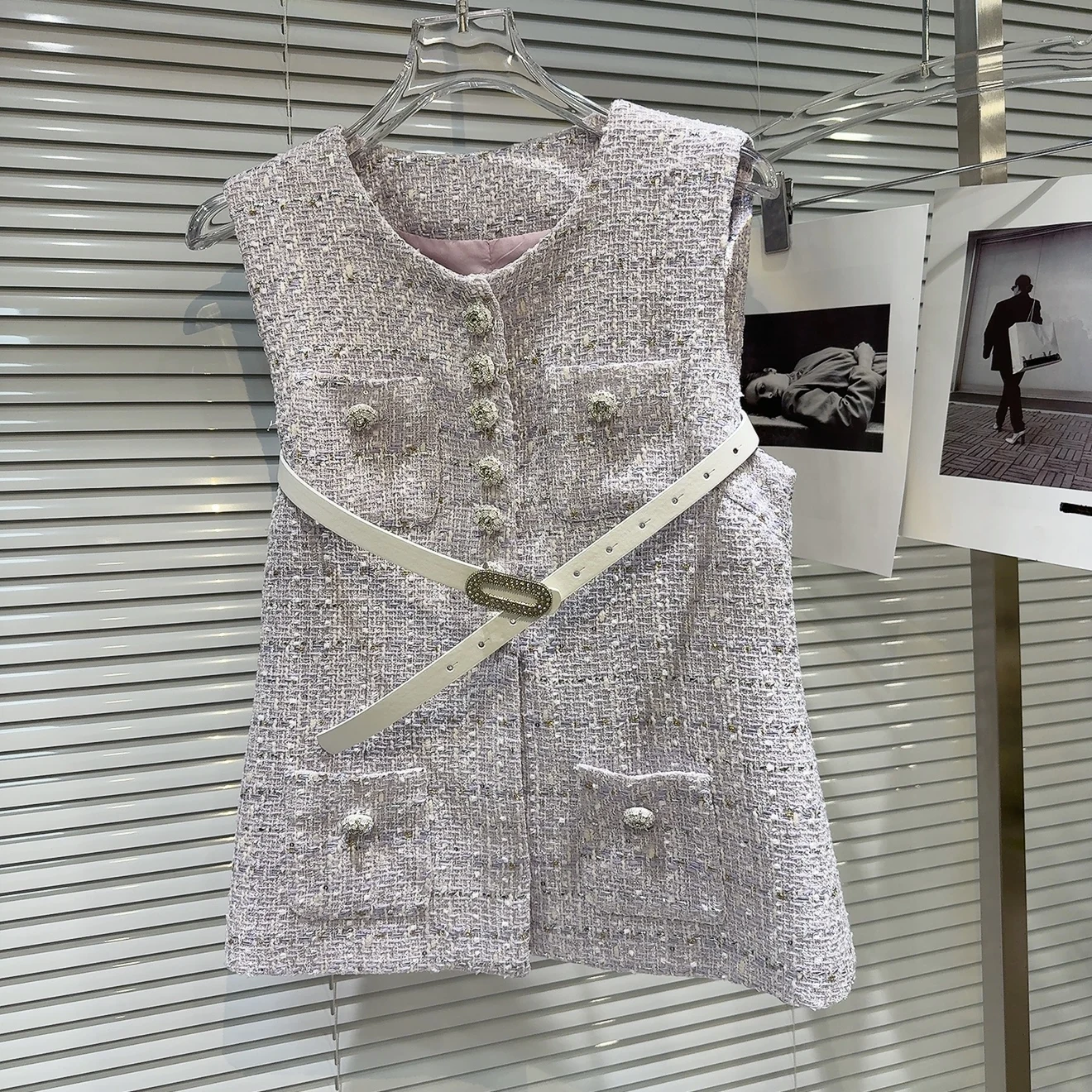 Модный твидовый жилет и атласный длинный комплект Dr с тонким поясом на талии, маленький Fraance Sle, осень 2023, Новое поступление, женская одежда