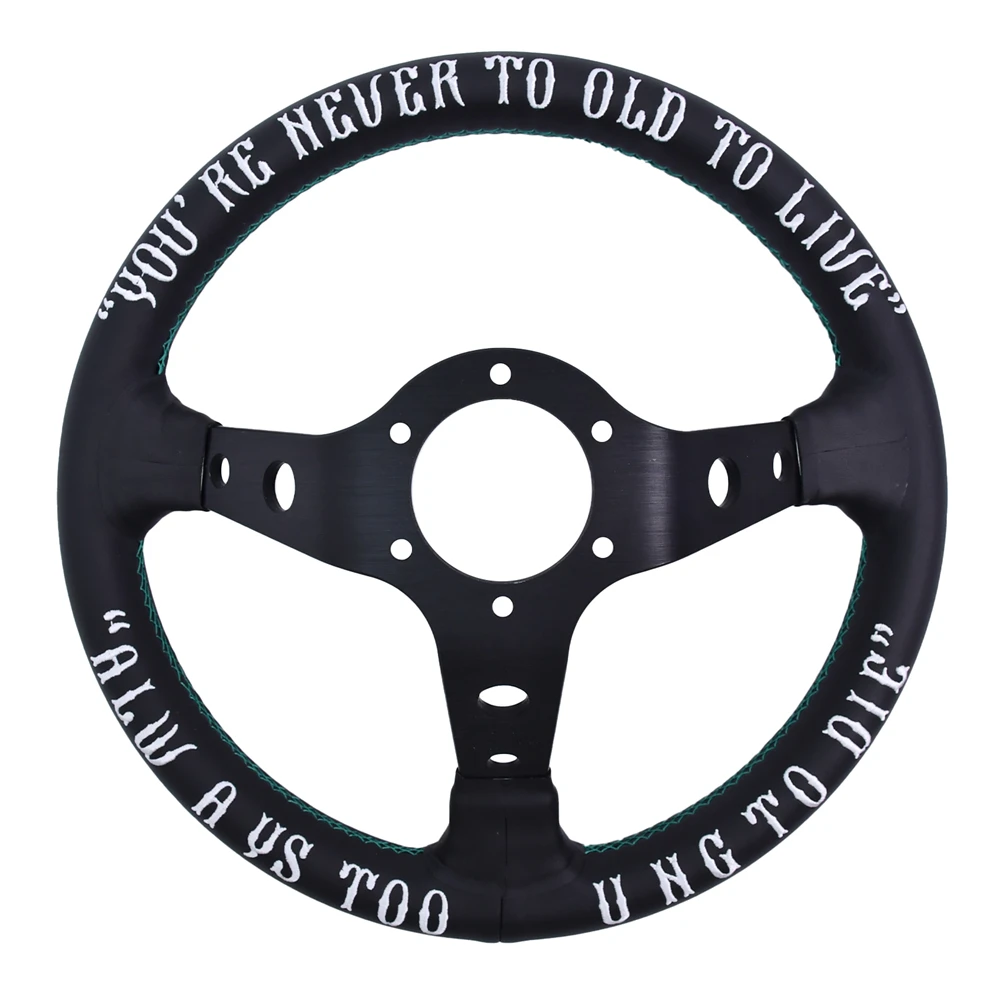 VERTEX 330MM Double-Sided Embroidery Sports Steering Wheel Deep Concave Racing Steering Wheel With 6 Hole Green Horn Button