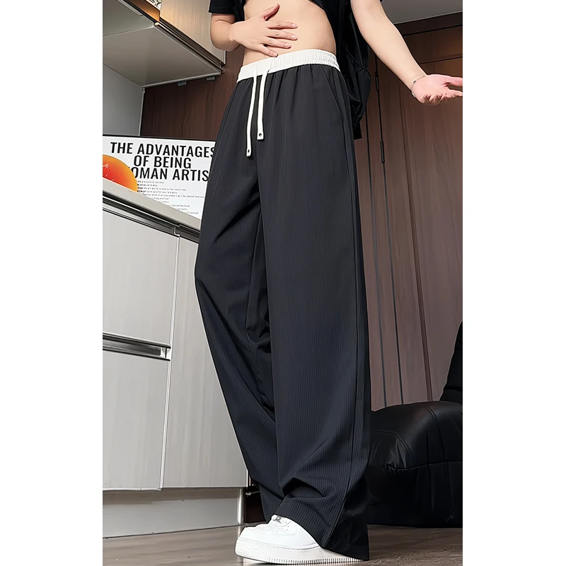 Summer New Design Casual Pants for Men Cooling Thin Stripes Ice Silk Lightweight Big Size Draped Long Trousers