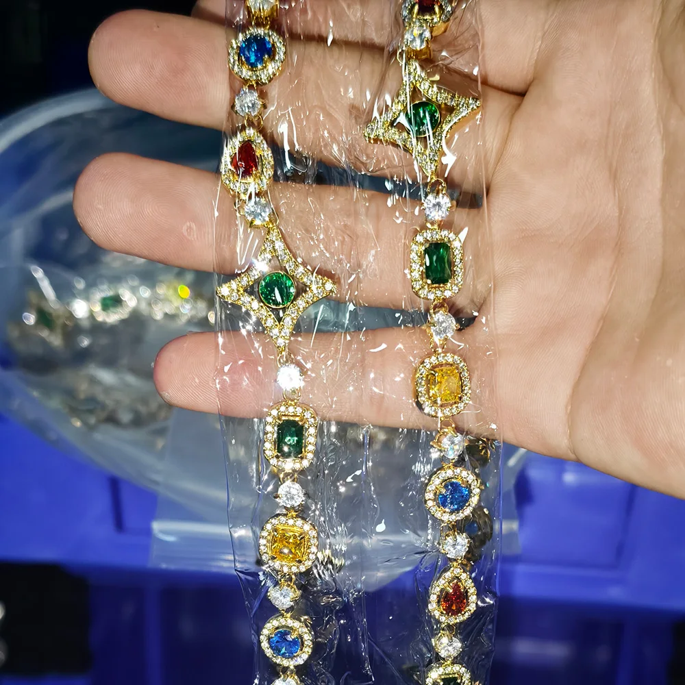 NY Iced Out Stainless Steel Chain Bracelet PVD 18K Gold Plated Geometry Design Colorful Zircon Gemstone Hip Hop Jewelry
