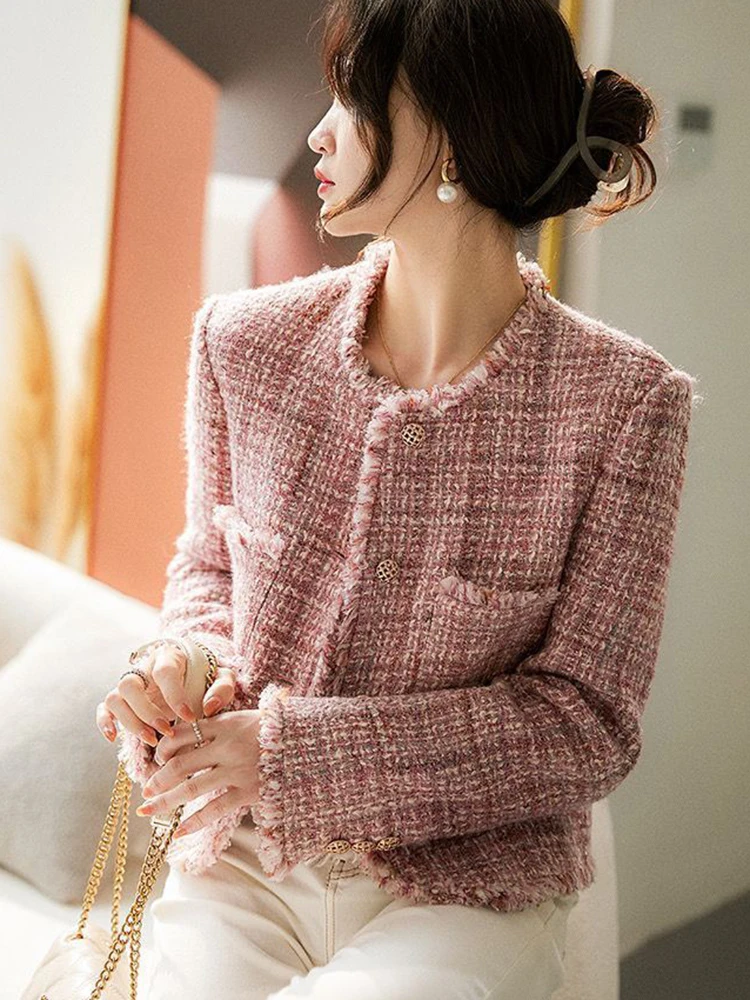 

Элегантный тонкий женский твидовый жакет, винтажное французское милое короткое пальто с длинным рукавом, осень-зима, женские однобортные топы в стиле ретро с круглым вырезом