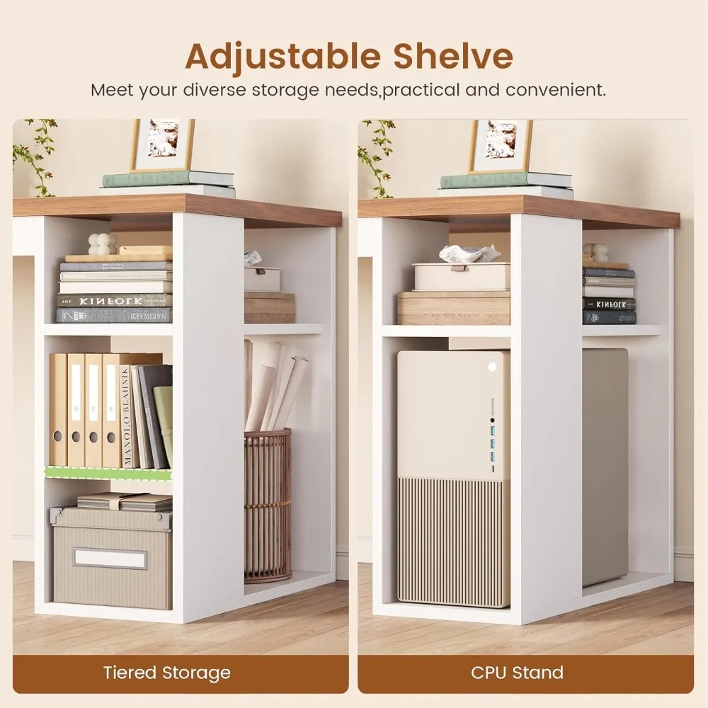 مكتب Farmhouse مقاس 67 بوصة على شكل حرف L مع 3 أدراج، ومكاتب مكتب منزلية مع أرفف تخزين، ومكتب كمبيوتر زاوية بيضاء مع مخرج طاقة