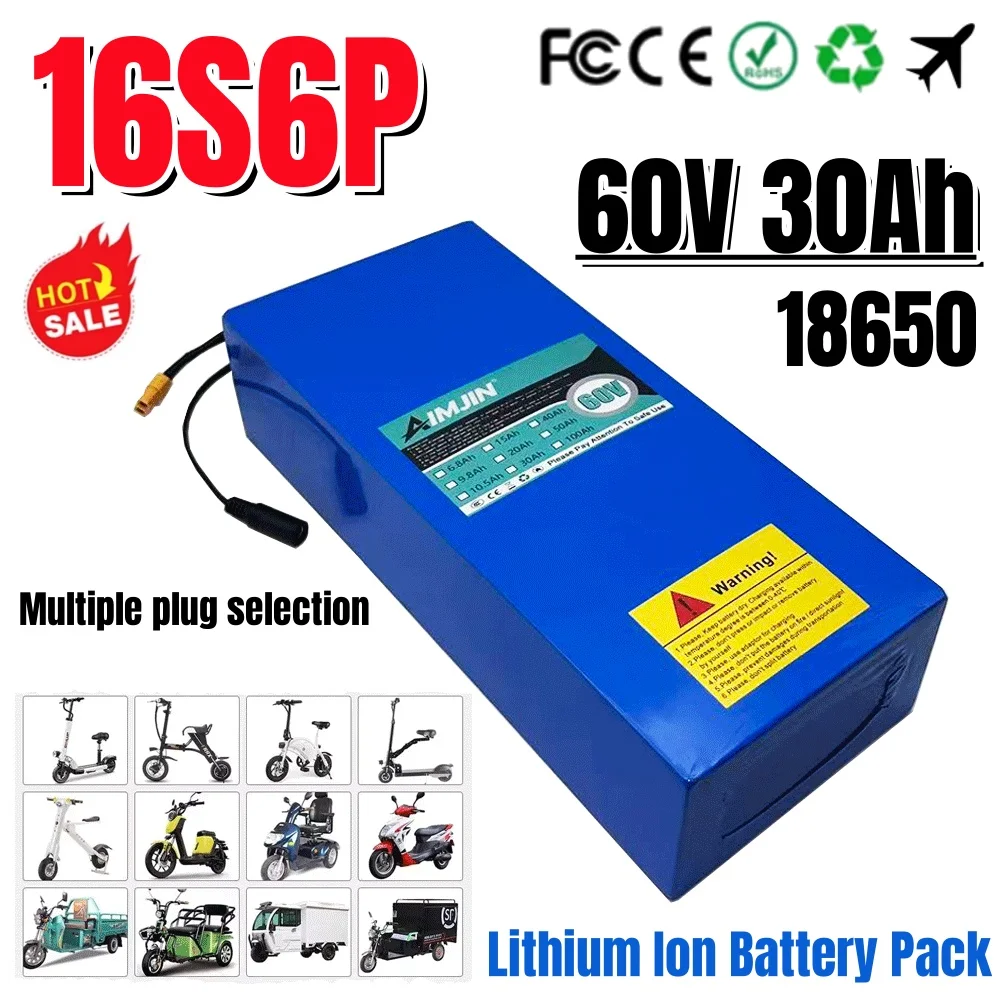 60V 30Ah 18650 16S6P Lithium Battery Pack 0-2000W High-power Built-in BMS Scooter Motorcycle Charging Battery Pack