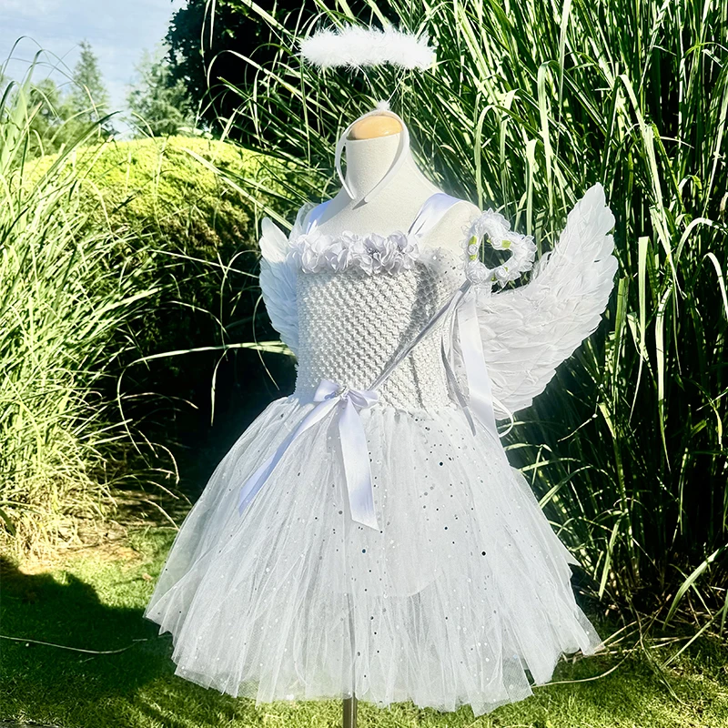 Costume Tutu angelo bianco per ragazze vestito Cosplay fata principessa con ali costumi di Halloween per bambini vestiti per ragazza vestito 2-12Y