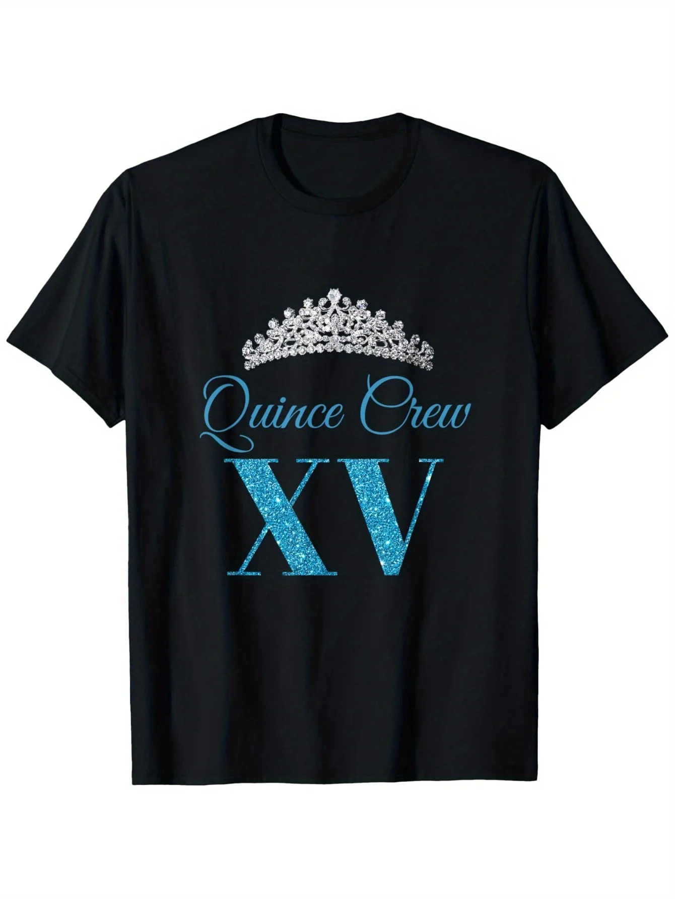 Quince Crew XV | Blue Sparkle | Quinceanera Birthday T-Shirt 100% Cotton Round Neck Short Sleeve T-shirt