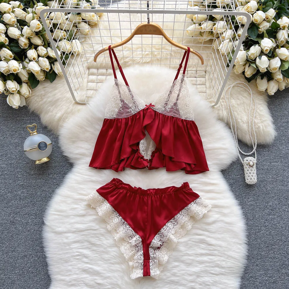 Short Women's 2 Piece Suits Contrast Lace Lingerie Tie Front Mesh Spaghetti Strap Bralette and Panty Sexy Top+pants Set