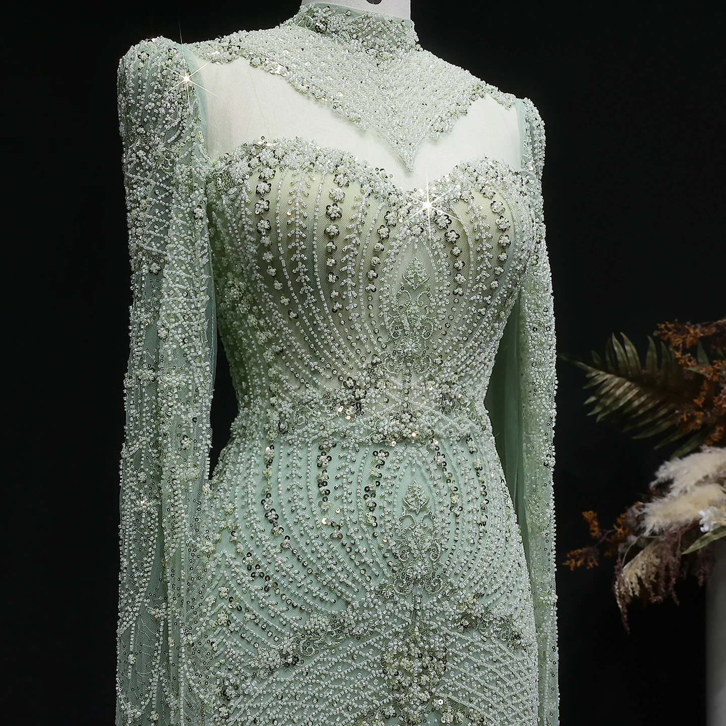 Sharon Said Elegantes Blaues Perlenbesetztes Abendkleid mit Cape-Ärmeln, Hochgeschlossenem Kragen, Arabisches Partykleid für Hochzeitsgäste SS079 Maßanfertigung – Detail 14