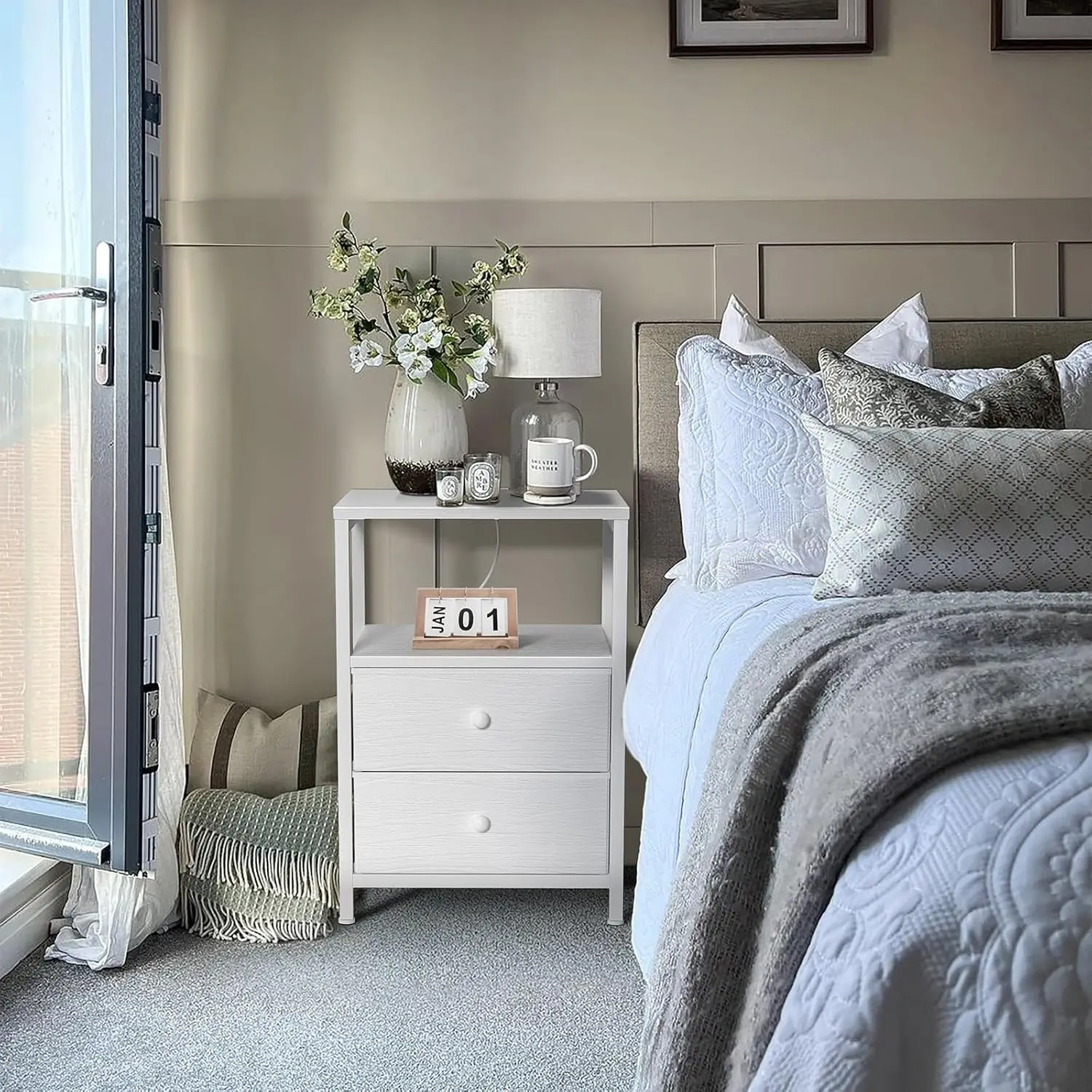 

White Nightstand with Charging Station, LED Night Stand with 2 Fabric Drawers, Bedside Table with USB Ports and Outlets