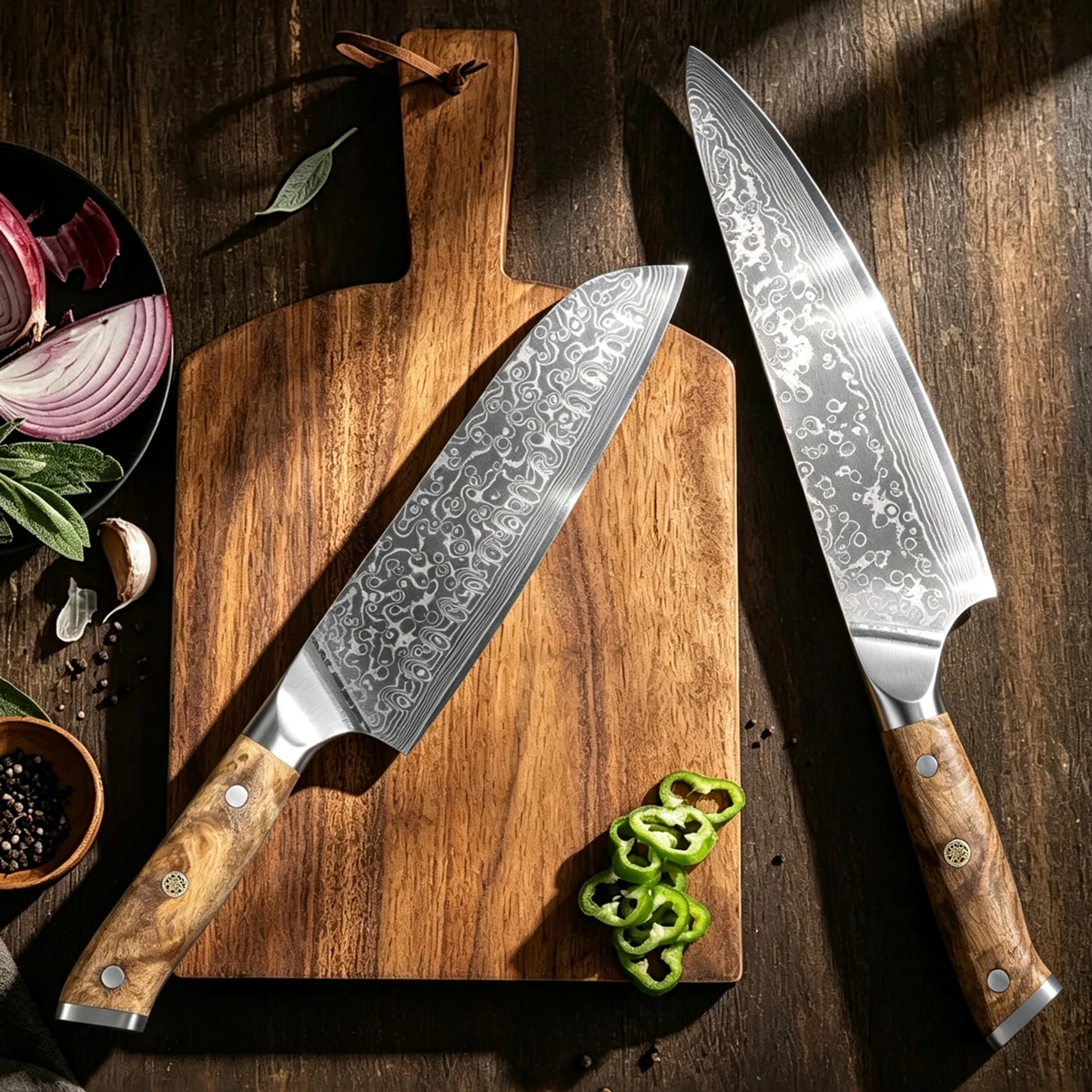 2PCS set Kitchen Chef Knife Damascus Steel 67 Layers Santoku Knife Chef Knife Figured Sycamore Wood Handle Delicate Gift Box