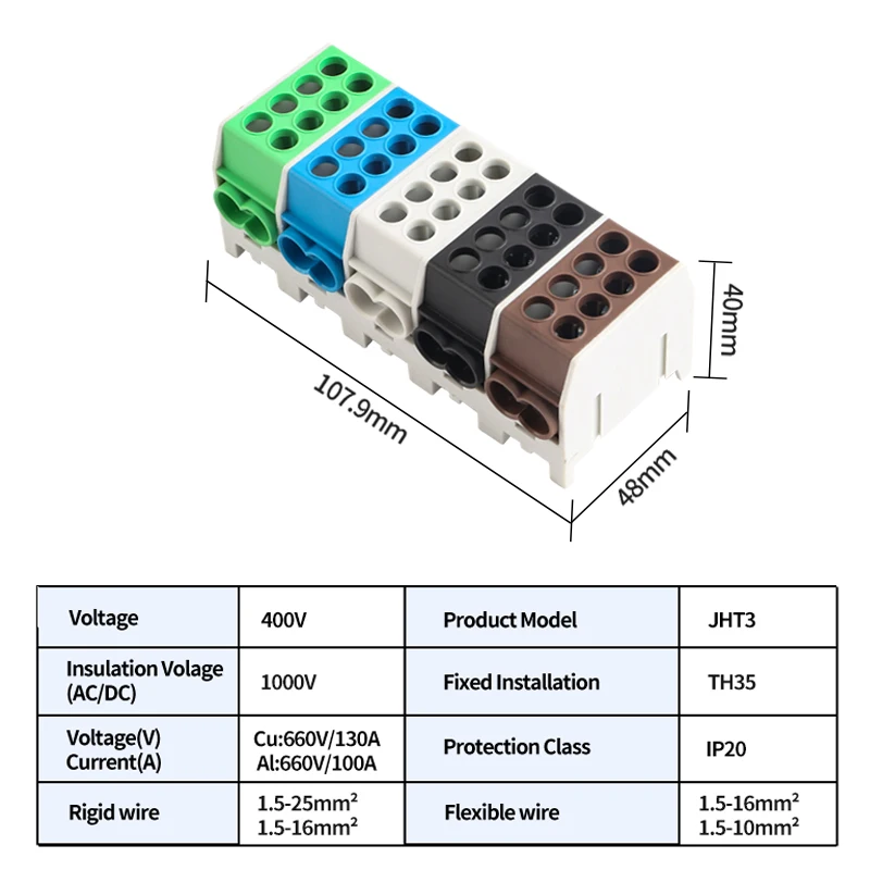 JINH JHT3 Compact Distribution Splicing Connector 25mm ² Cellular Distribution Box for Rail Installation with Five Color Modular