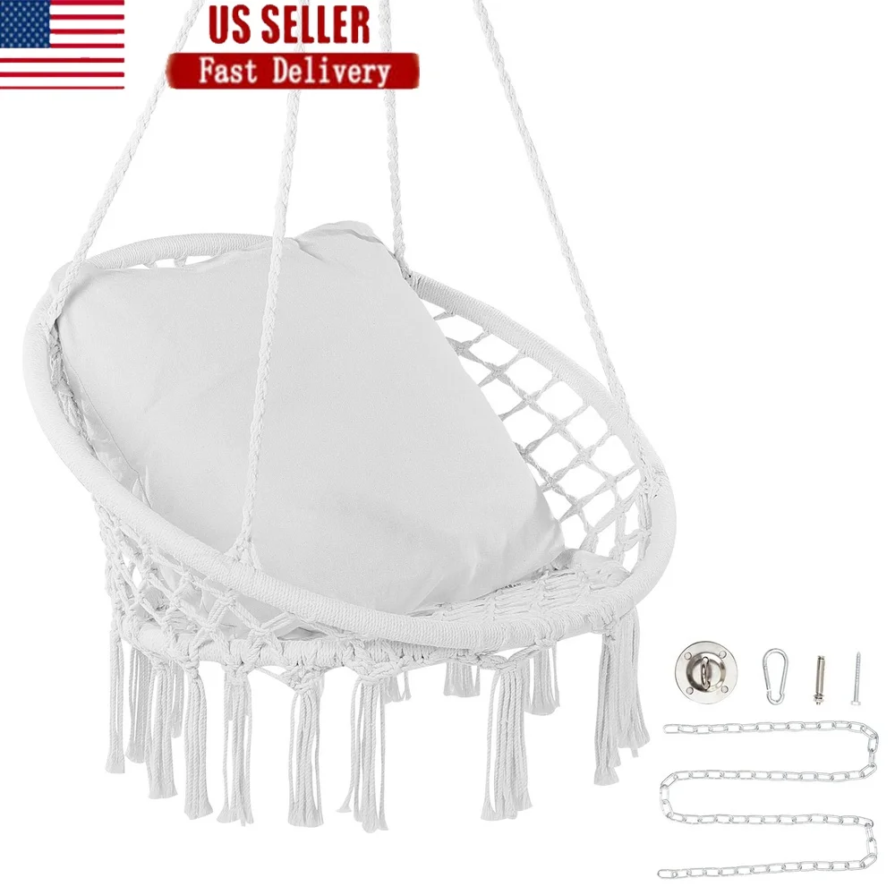 

Macrame Hanging Hammock Chair with Cushion Supports 330lbs Indoor Outdoor Swing Seat Includes Installation Accessories Cozy