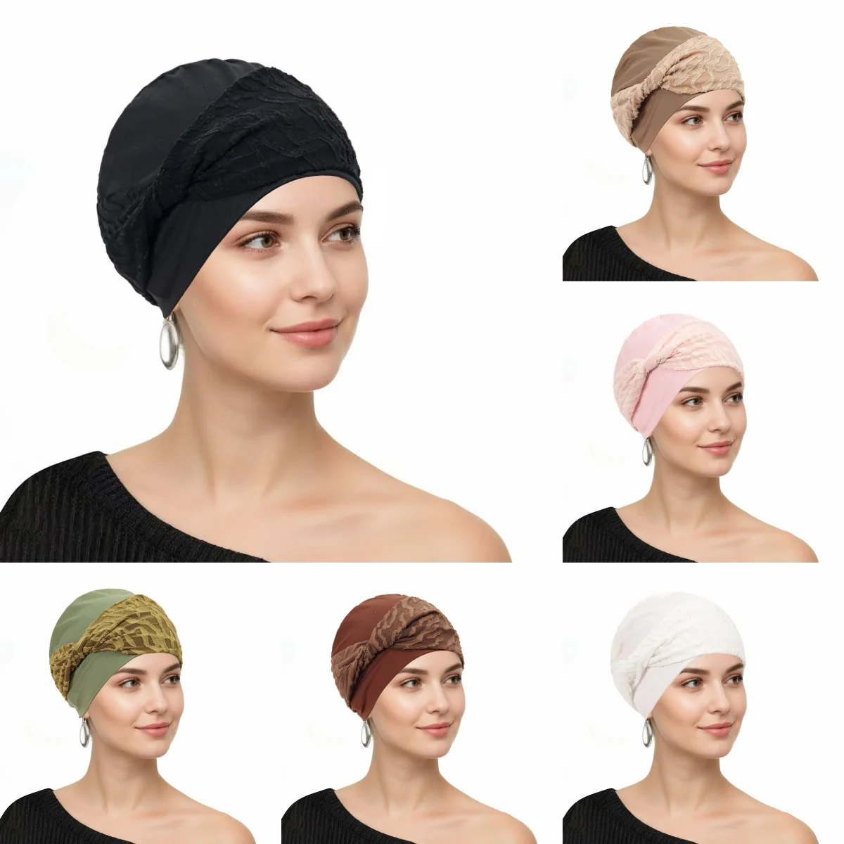

Fashion Lace Knot Headscarf Cap Solid Color Hair Bands Cap Muslim Turban Hat Hijab Islamic Headscarf Women's Hijabs