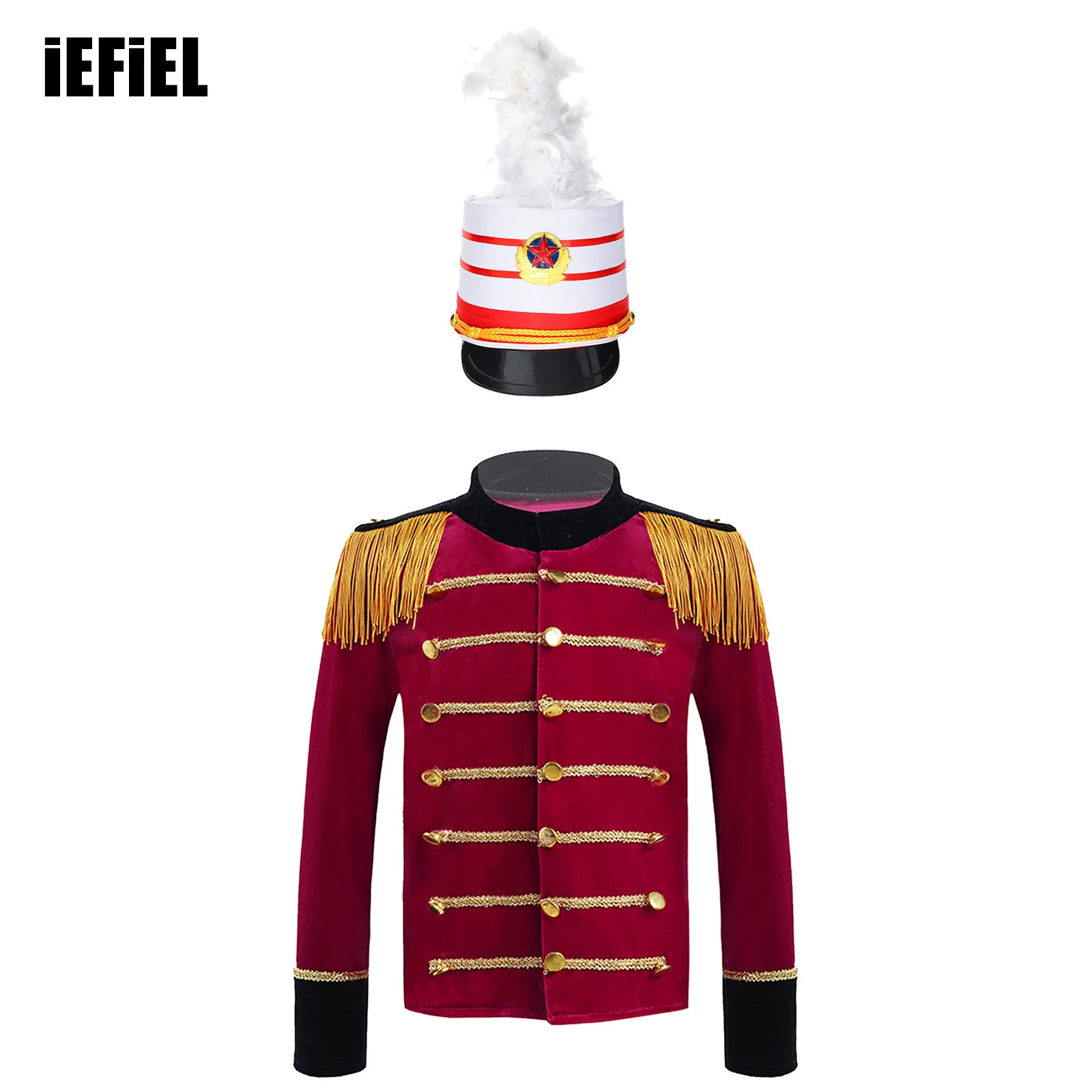 

Kids Boys Honor Guard Performance Uniform Long Sleeve Tassels Shoulder Tops with Feathers Decorated Ceremonial Hat