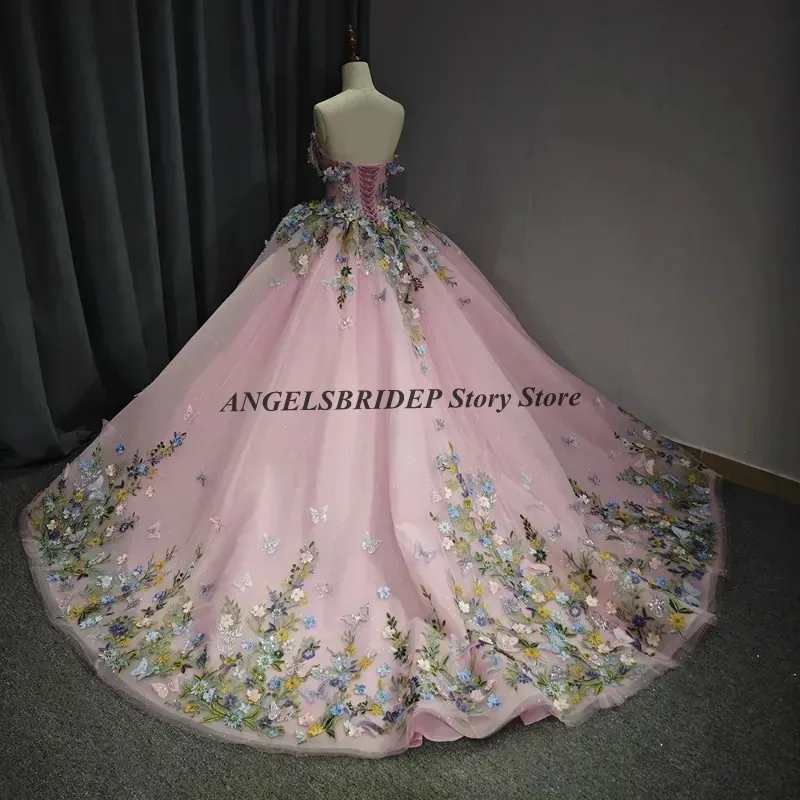 ANGELSBRIDEP Off Shoulder 3D Flower Pink Quinceanera Dresses Party Birthday Applique Bow Beads Tull Princess Sweet Customized