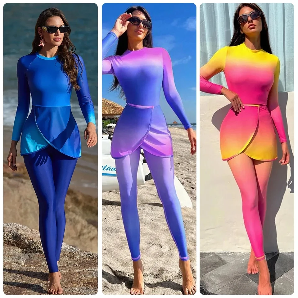 

2026 New Women Long Sleeve Swimsuit Three Piece Set High Elastic Quick Dry One Piece Overlay Skirt Tight Long Pants