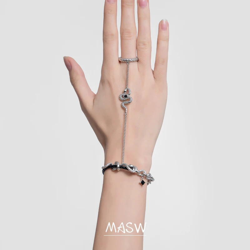 MASW Modern Set Jewelry Snake Bracelet With Ring Hot Sale Cool Style Original Design Black PU Bracelet Finger For Womne Female