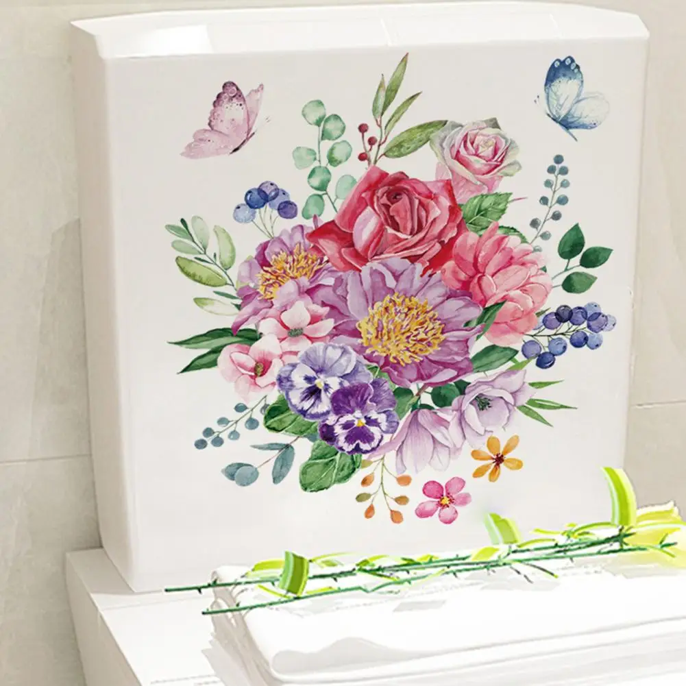 Flower Toilet Sticker Toilet Lid Decoration Sticker Waterproof Pvc Flower Butterflies Colorful Flower Toilet Stickers for Home