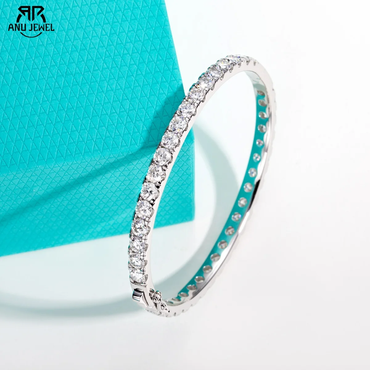 

AnuJewel 4mm(11.7cttw) Moissanite Eternity Bracelet 925 Sterling Silver 18K White Gold Plated Classic Bangle for Women Jewelry
