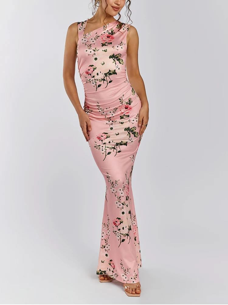 NewAsia Robe longue sans manches pour femme, coupe cintrée, imprimé floral, ourlet sirène asymétrique, moulante, soirée, rose