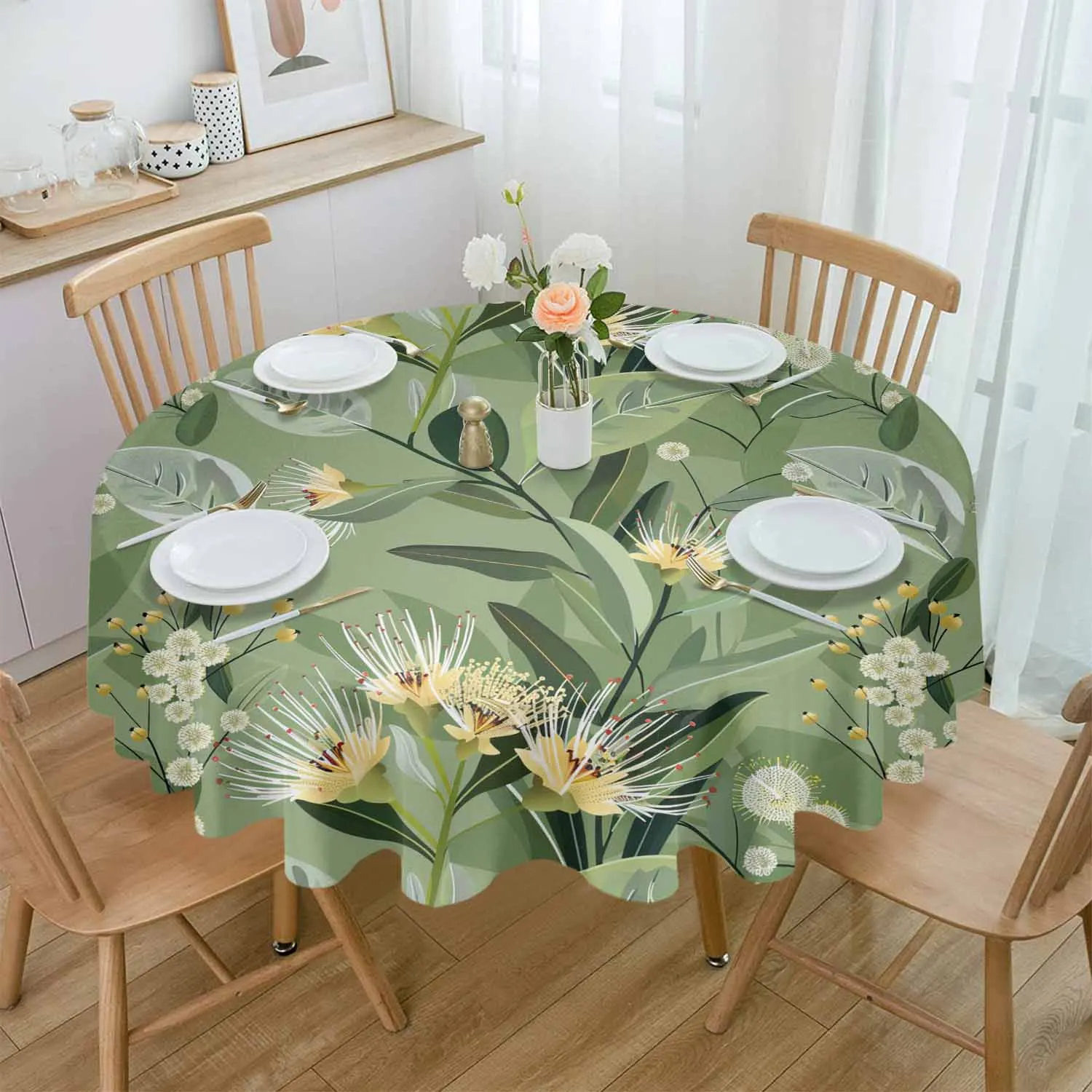 

Plant Flowers Branches Round Table Cloth Festival Dining Tablecloth Waterproof Table Cover for Wedding Party Decor