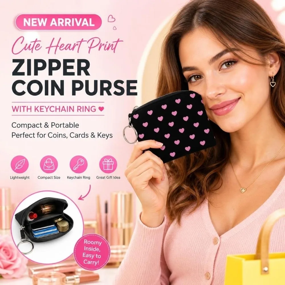 Love Heart Black Coin Purse Printed Easy Access Zipper Makeup Bag with Key Ring Zip Pouch Coin Key Card Holder Daily Carry