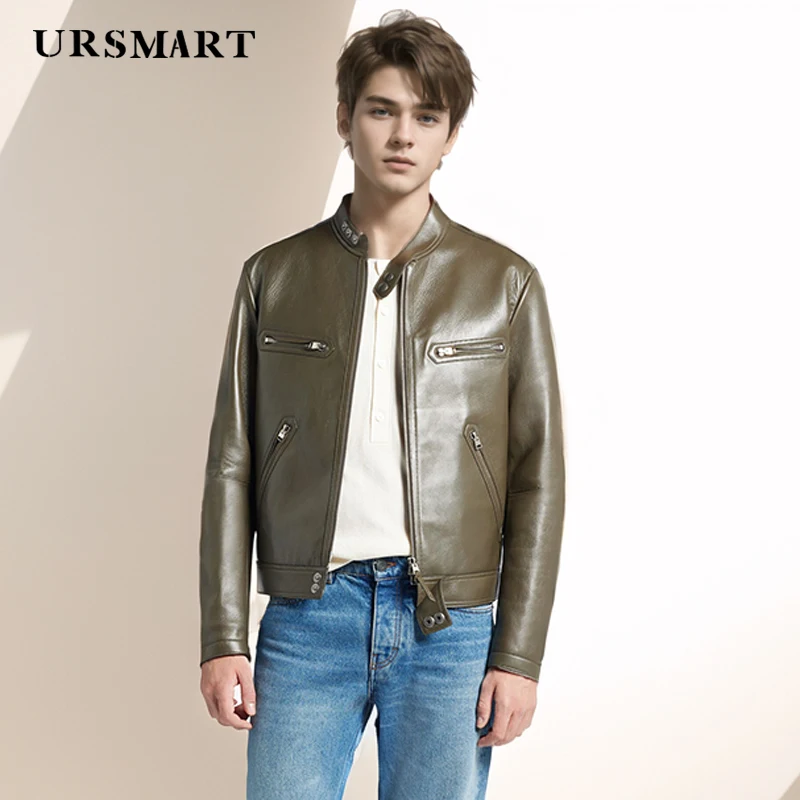 Men's Green Sheepskin Leather Jacket - High-Quality British Fashion Custom Short Standing Collar Coat