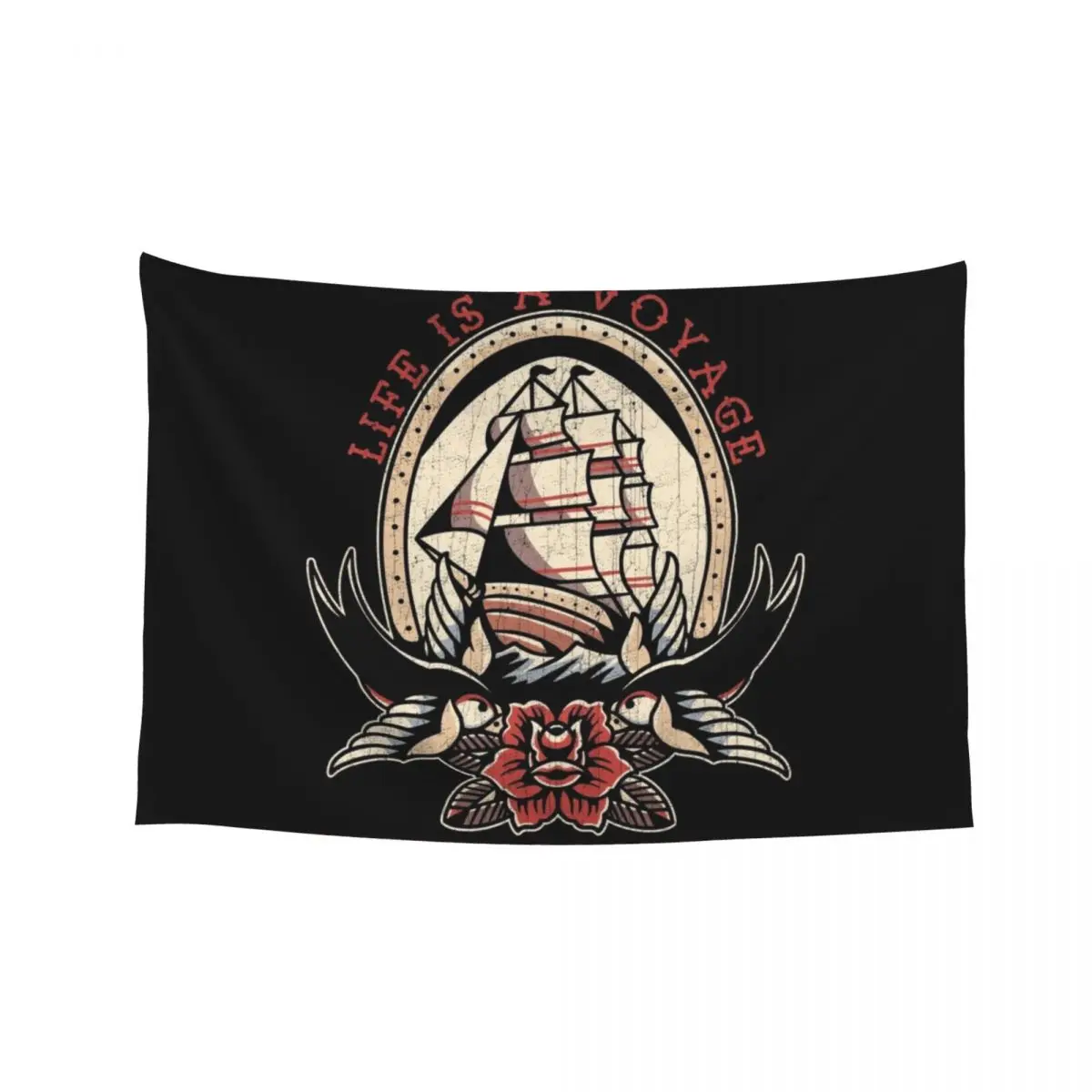 La vida es un viaje que es un destino al hogar, tapiz de tatuaje de barco de vela náutica de la vieja escuela, tapiz de revestimiento de paredes