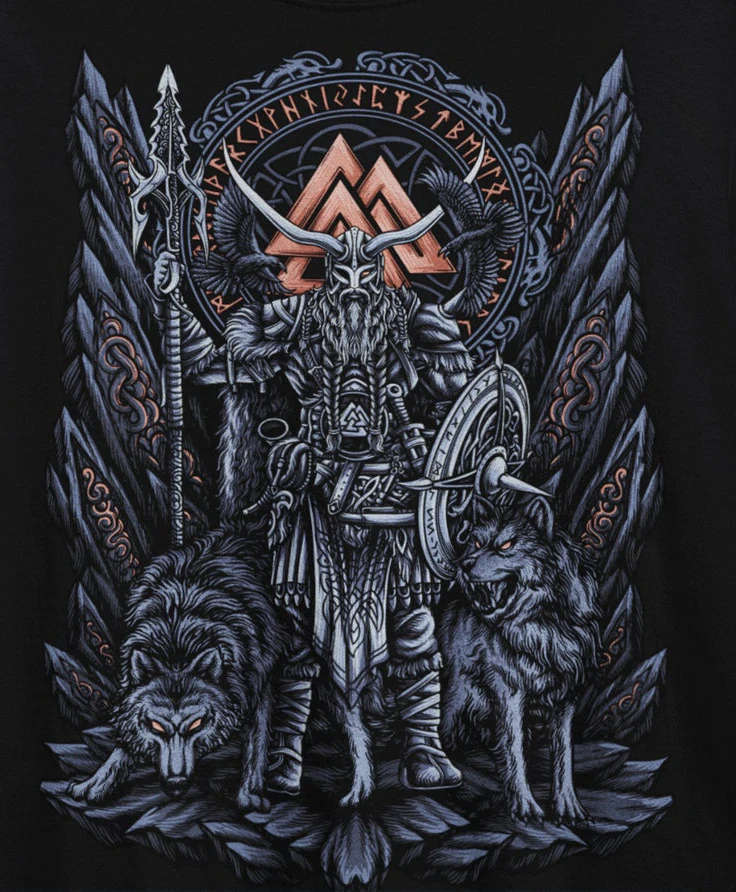 The Allfather Odin with Wolfs Nordic Warrior Pagan Myth T-Shirt 100% Cotton O-Neck Short Sleeve Casual Mens T-shirt Size S-3XL