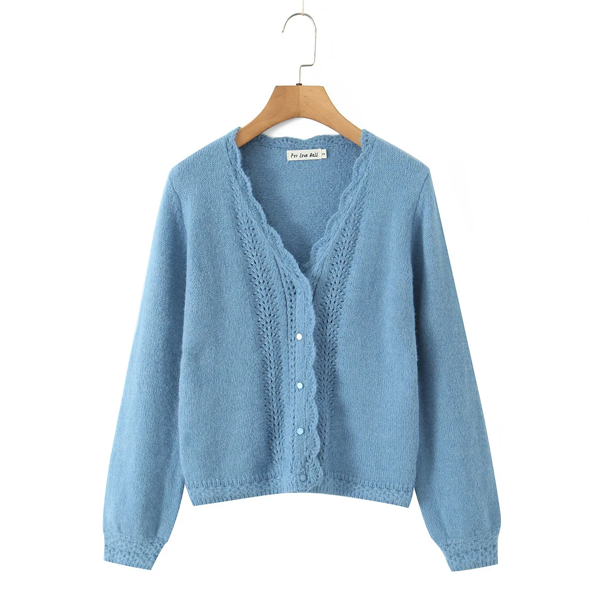 

New Autumn Fashion Casual Puff Sleeve V-neck Single Breasted Knitting Hollow Out Solid Color Loose Fit Sweater