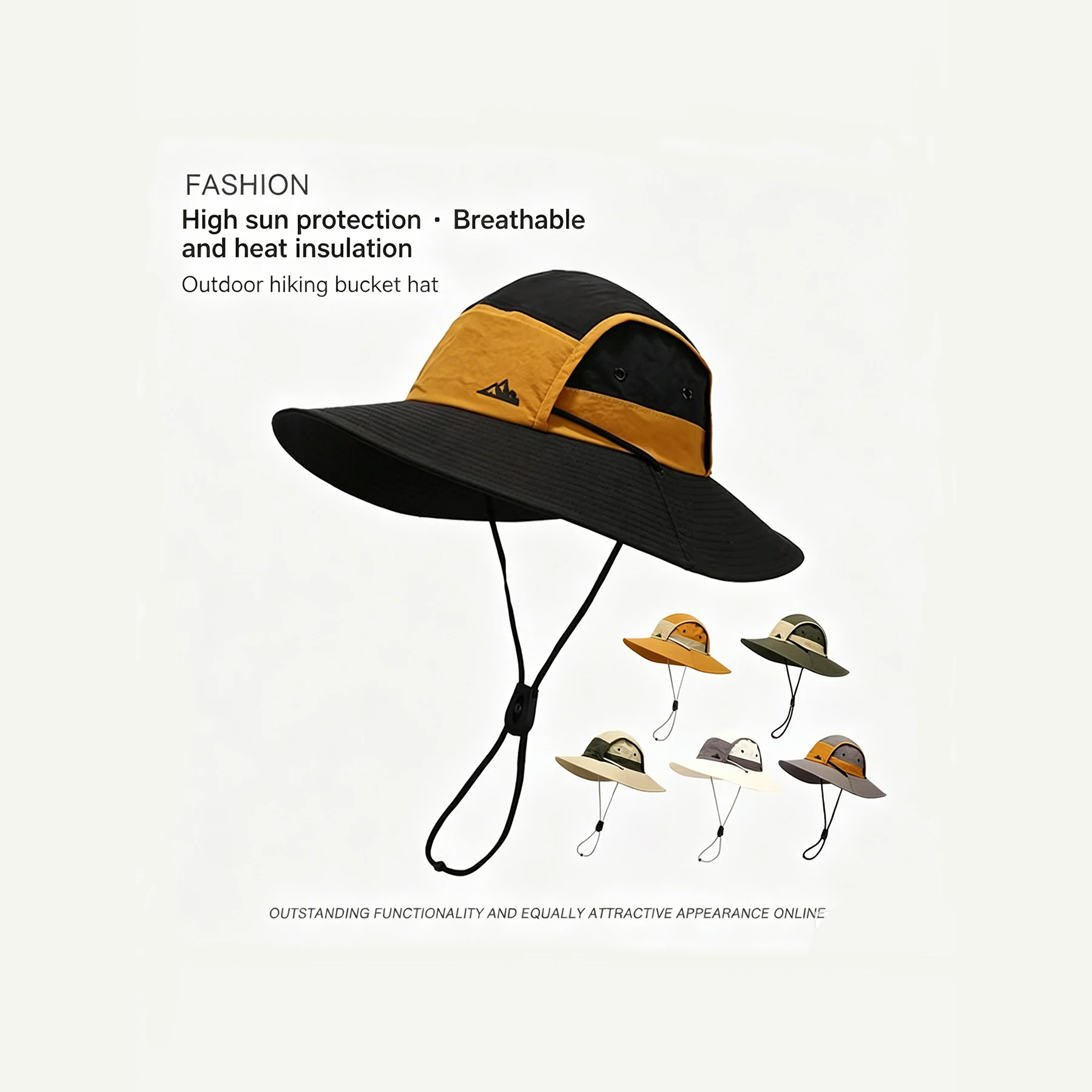 Wide-brim color-block outdoor sun protection mountaineering hat, waterproof and windproof fisherman hat, men's outdoor camping