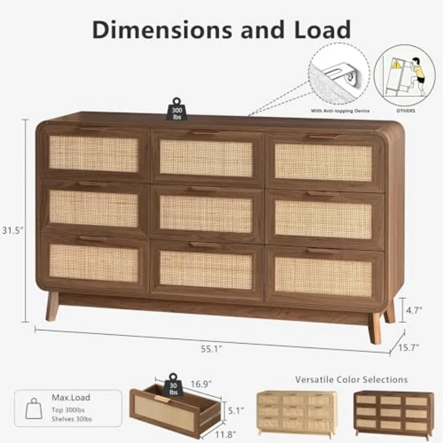 Rattan Dresser with Storage, Modern Farmhouse Dresser, 55