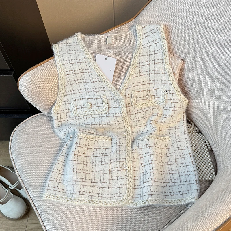 

Women's Autumn Winter 2025 Sleeveless High Quality Vest White Black Plaid Waistcoat