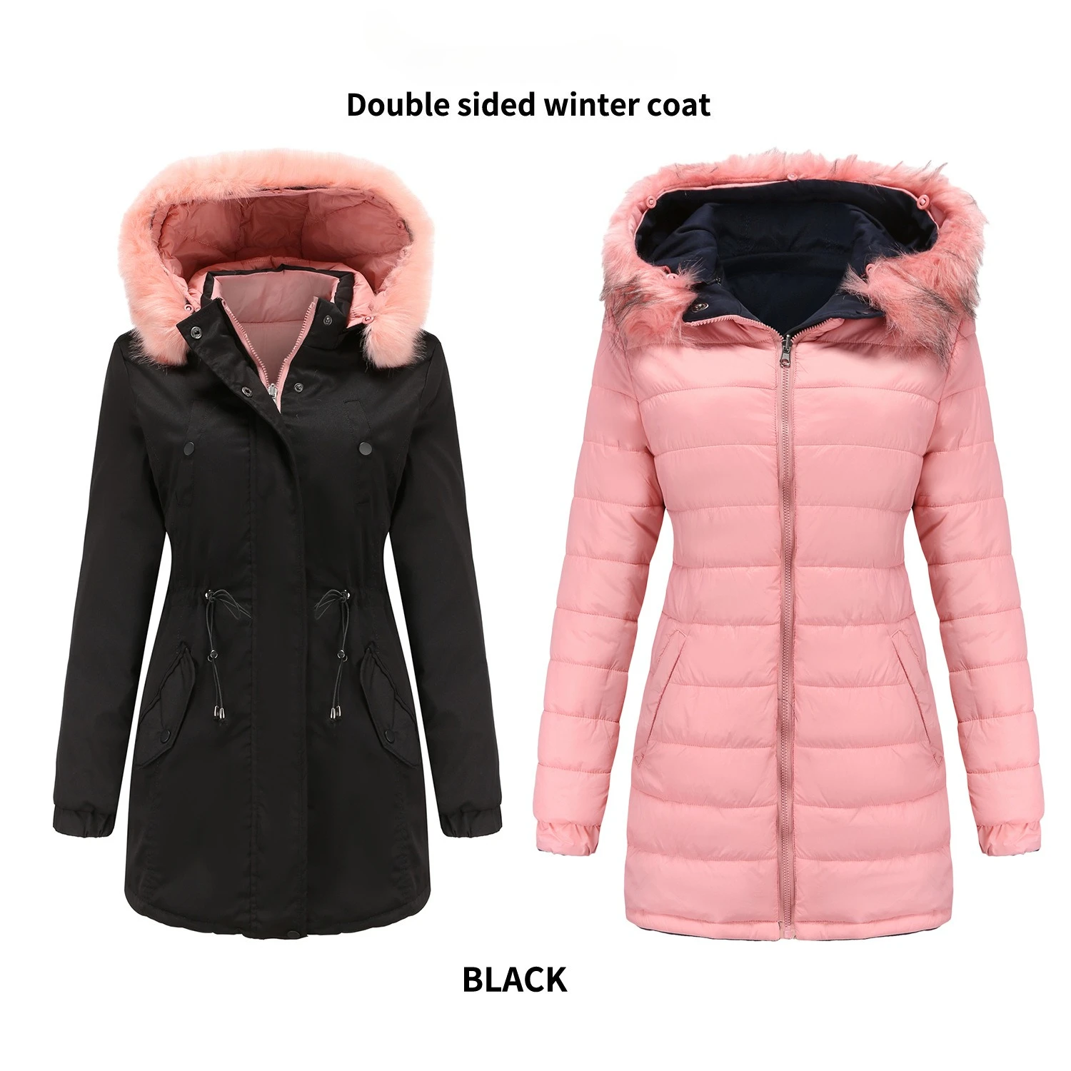 Womens winter jacket Coat Woman Parka Coats Female Double Sided Warm Cotton Jacket Detachable Cap Zipper Thick Cotton Fur Collar