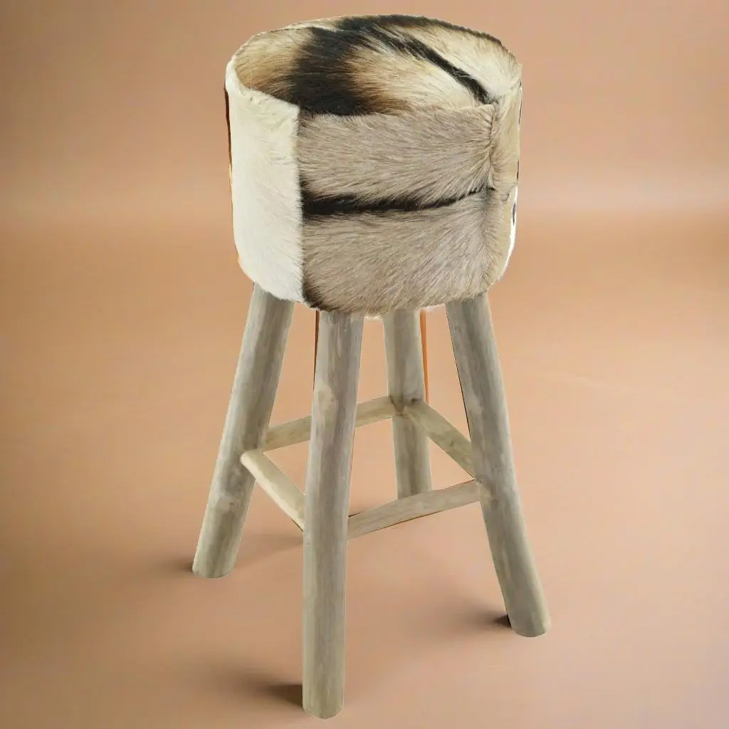 Luxury Real Leather Bar Stool with Solid Teak Wood Frame - Stylish and Durable Seating