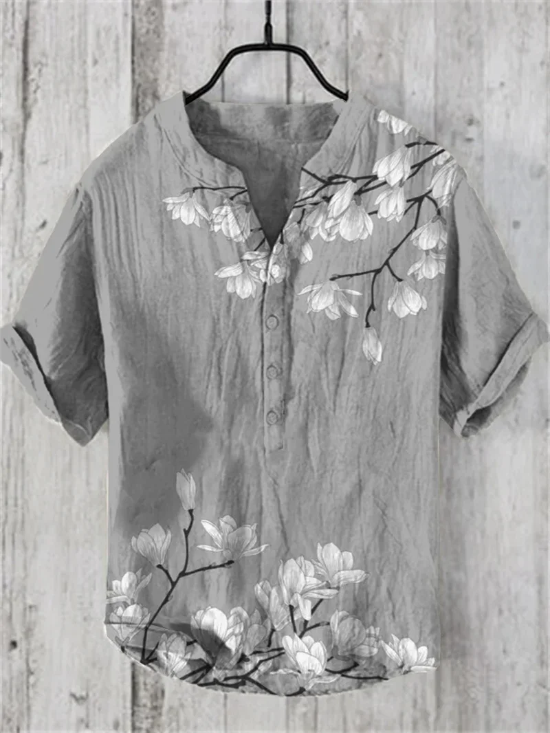 Men\'s Retro Hawaiian Art Print Wave Series 3D Digital Printing Casual Loose Short Sleeve Three-Breasted Shirt Linen 100%