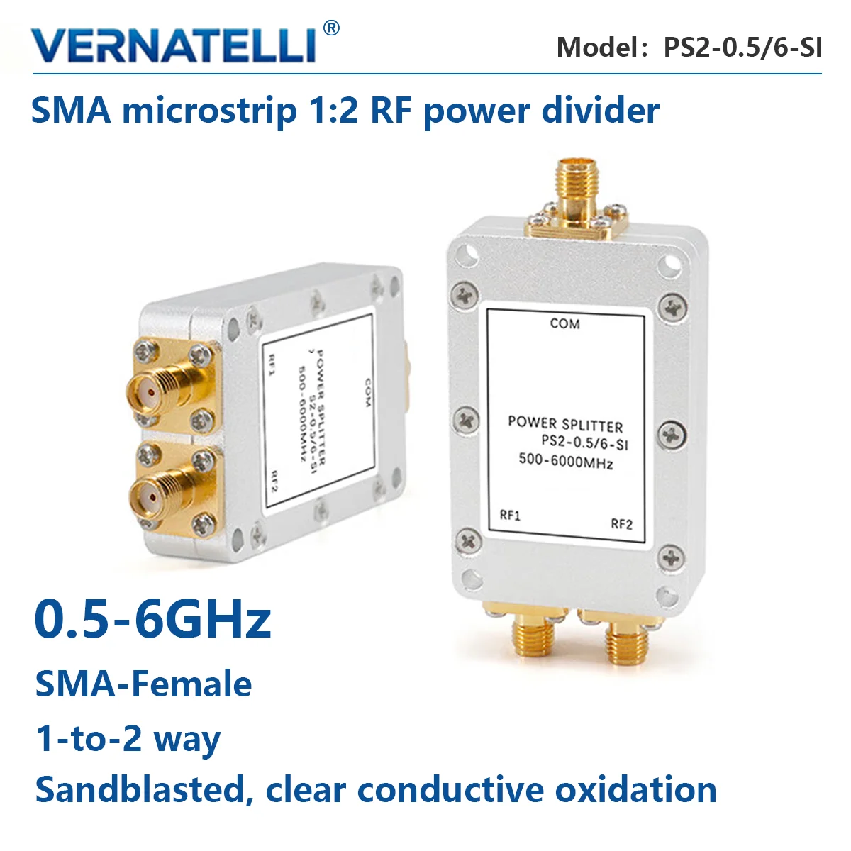 RF SMA Microstrip 1‑to‑2 Power Divider/Combiner, 0.5‑6GHz, for 2.4G/5.8G/6G, Model PS2‑0.5/6‑SI