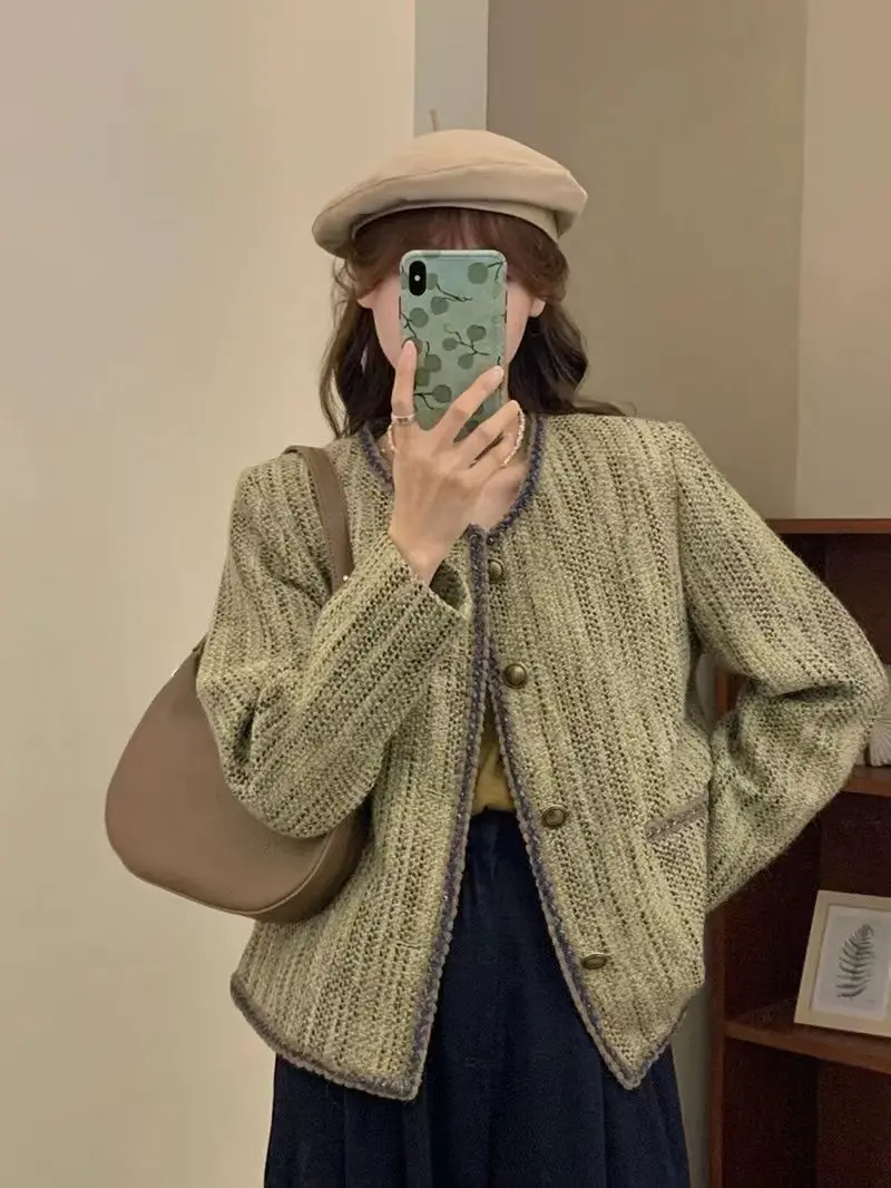 Casaco de mistura de lã tweed para mulheres meio verde solto misturas jaqueta mulher retro curto elegante luxo quente estilo coreano roupas