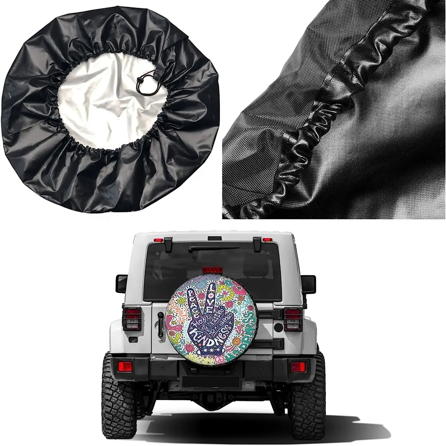 Floral Peace Sign Gesture Spare Tire Cover Polyester Universal Sunscreen Waterproof Wheel Covers for Trailer RV SUV Truck 15 In