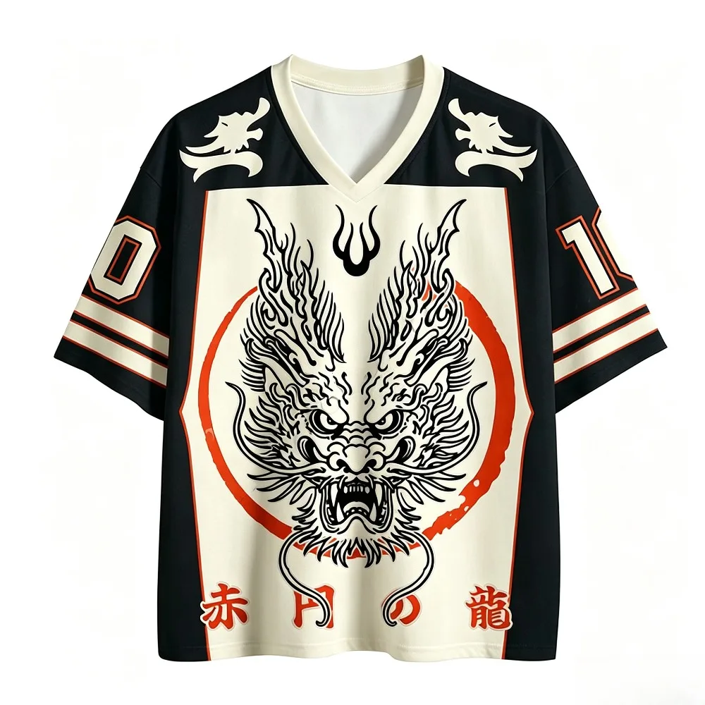 Red Moon Dragon Head Art Print Men T‑Shirt Japanese Streetwear Hip Hop Short Sleeve Tee