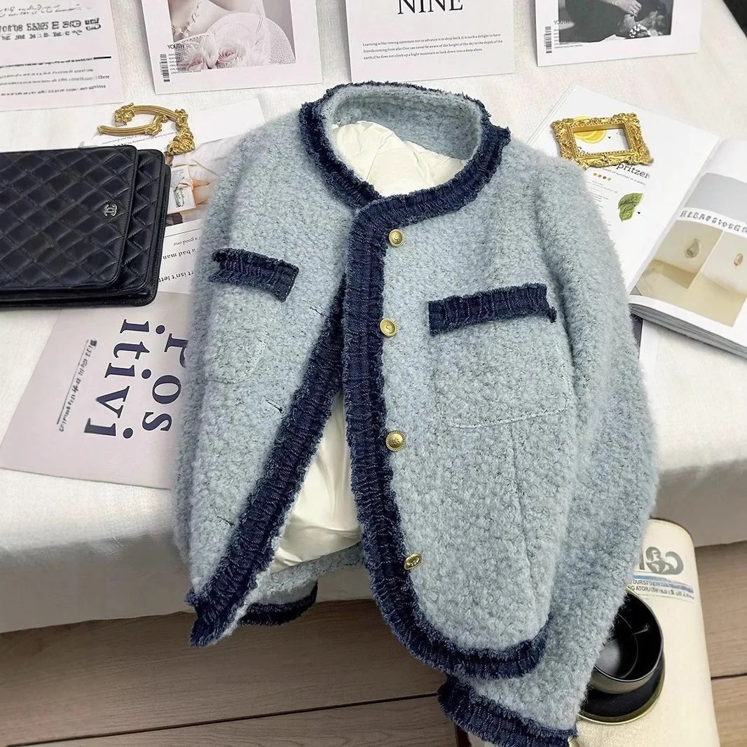 

Coat Women Thick Short Jacket Overcoat Single Breasted Round Collar Patchwork Jackets Outerwear Office Lady Autumn Winter 2025