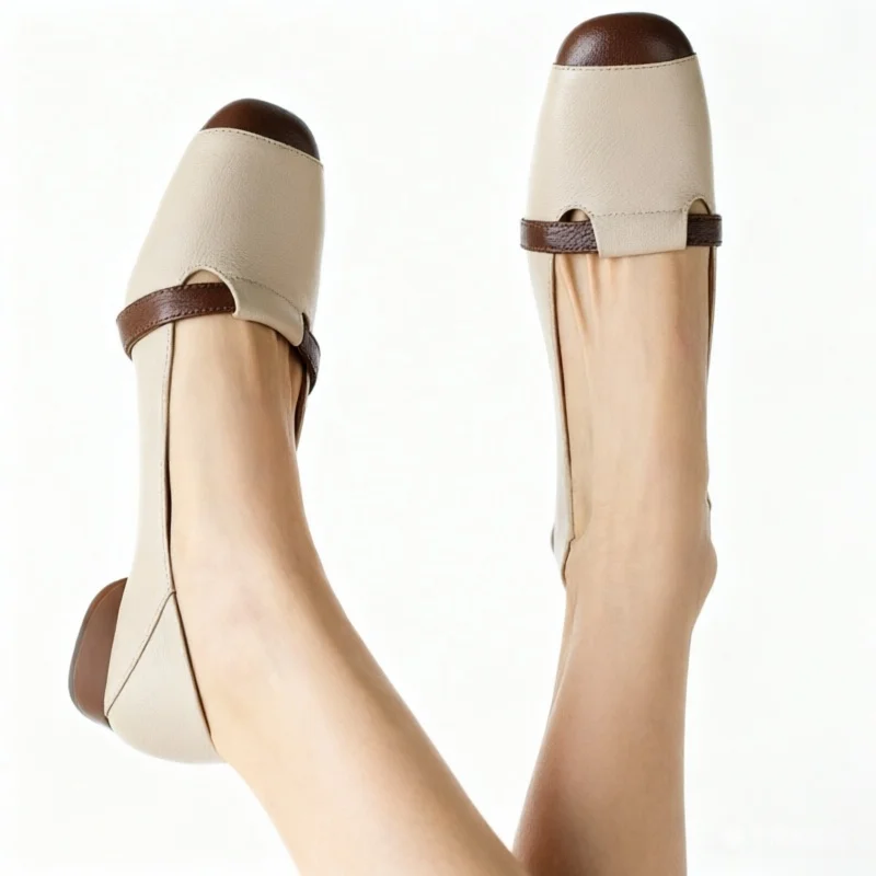 Women's Vintage Two-Tone Mary Jane Flats, Square Toe Leather Loafers with Ankle Strap, Classic Beige and Brown Color Block Shoes
