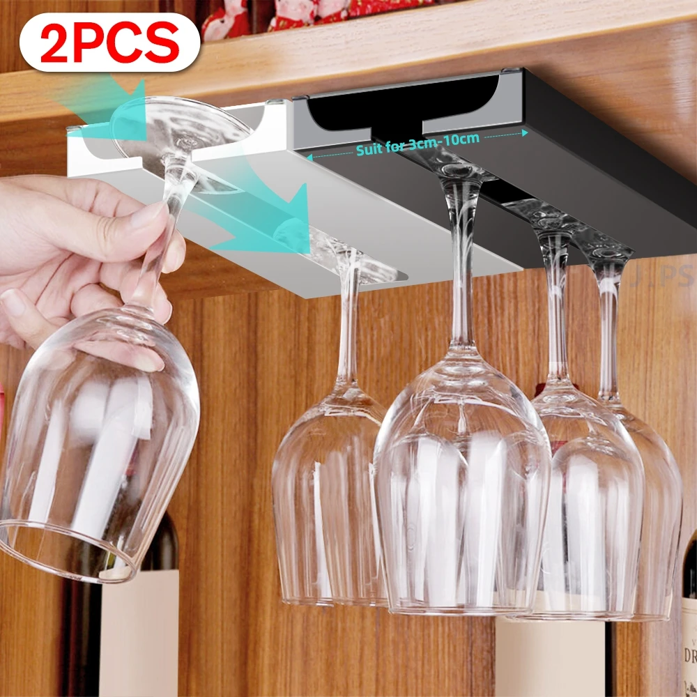 2/1 Pcs Wine Glass Holder Wall-mounted Under Shelf or Cabinet Punch-free Hanging Wine Glass Cup Storage Rack Kitchen Organizer