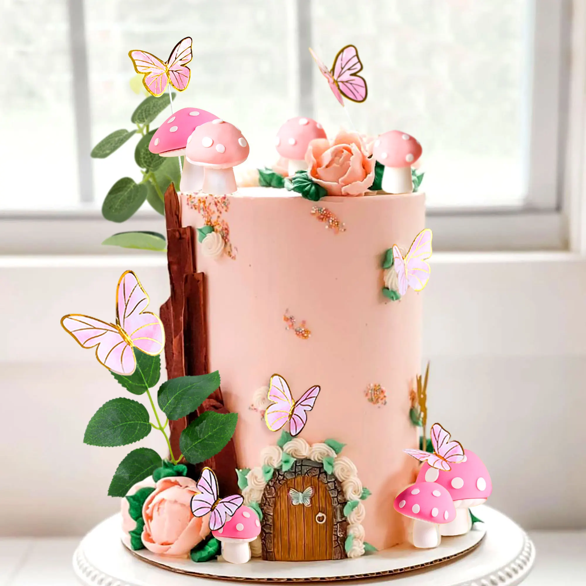 LaVenty Pink Mushroom House Cake Decoration Mushroom Cake Decoration Fairy Cake Decoration Garden Fairy Cake Decoration