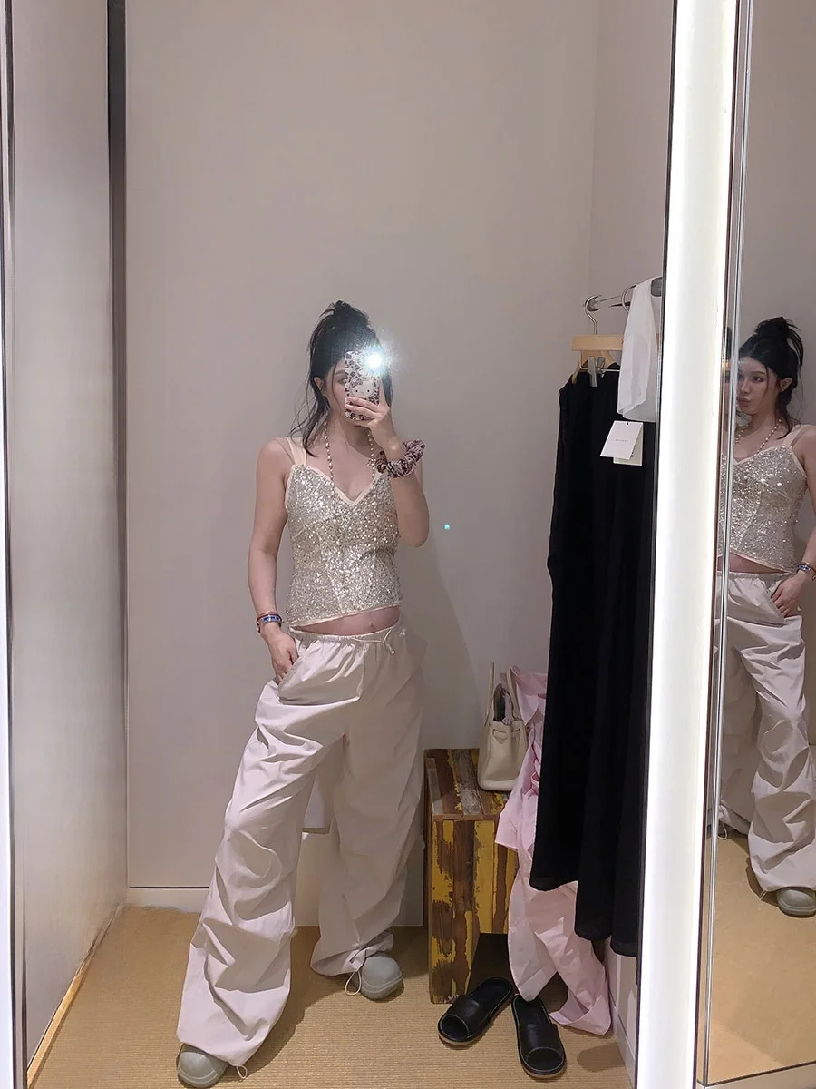 

Lightweight Casual Work Pants Women's Loose Straight Leg Dstring Design Trousers High Waist Long Pants Commute Sle